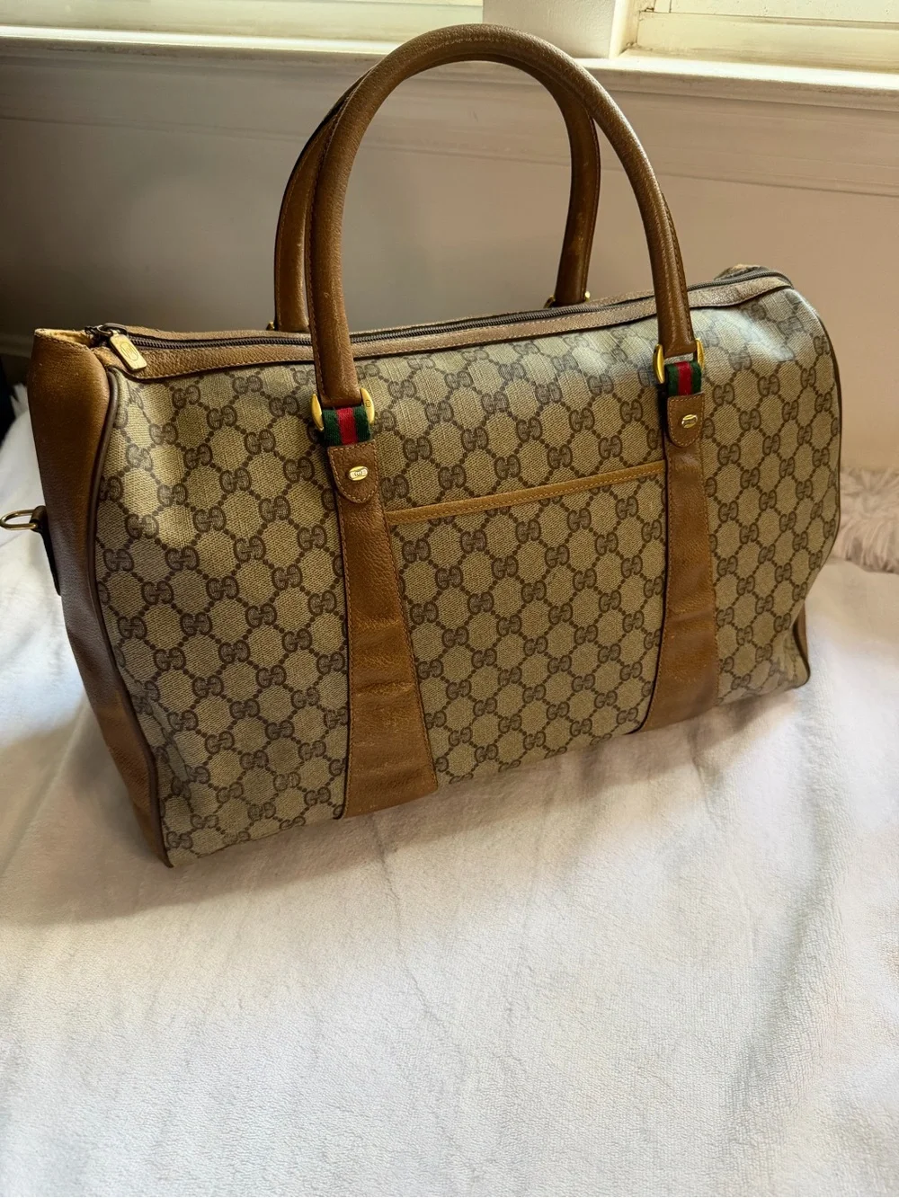 💞Vintage GG Supreme Duffle Monogram Bag With Strap/Green-Red Web